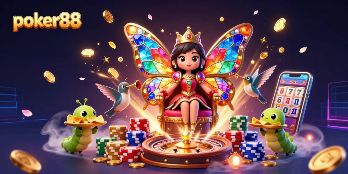 Engage with poker88 in a vibrant casino scene featuring a butterfly queen and dynamic gaming elements.
