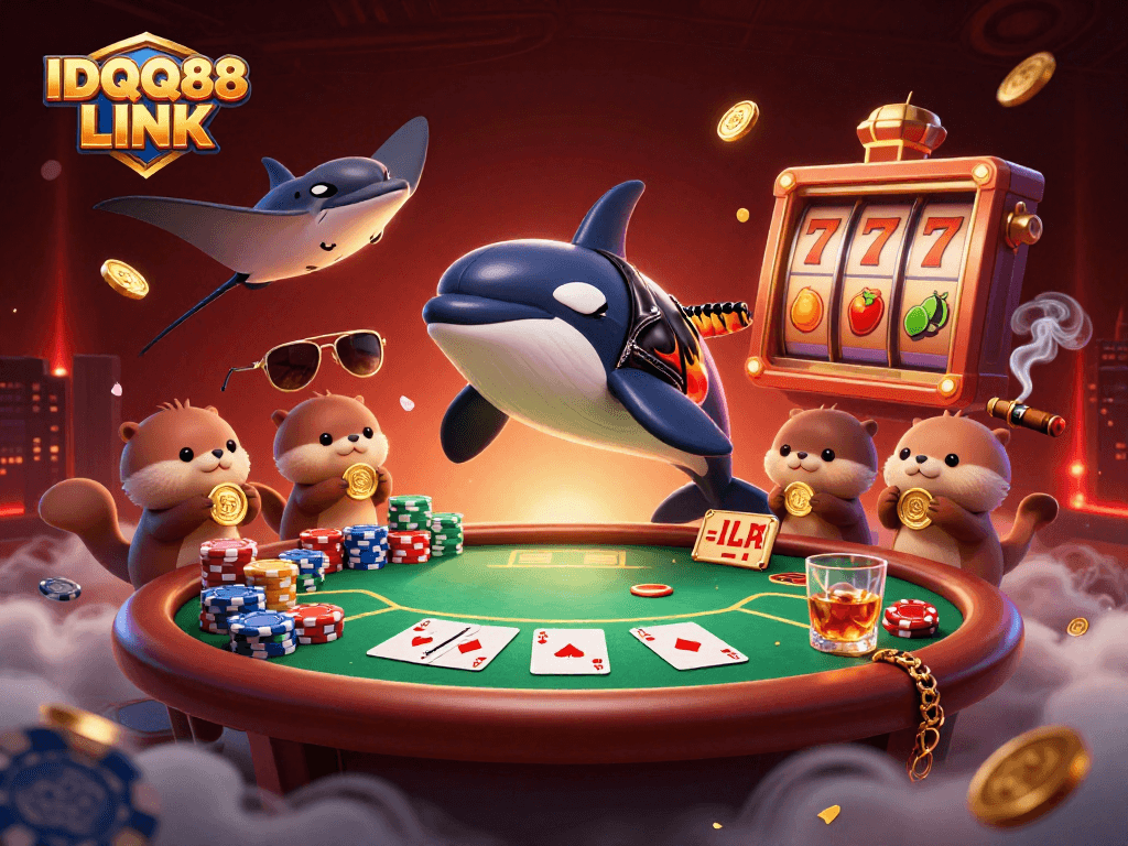 Experience excitement with IDQQ88 LINK at the poker table, surrounded by thrilling characters and casino elements.