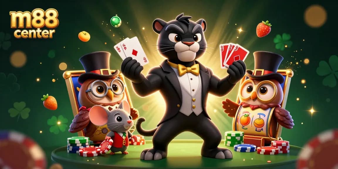 Play thrilling slots at m88 center with stylish characters in a vibrant casino setting.