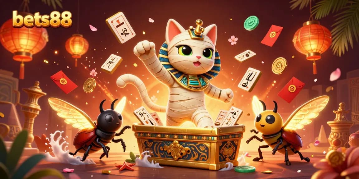 Experience the thrilling moments at bets88 with an exciting casino illustration featuring a mummy cat and glowing elements.
