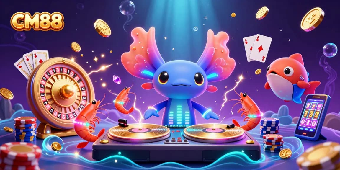 Experience CM88's vibrant casino scene with a colorful axolotl DJ, shining gems, and golden coins.