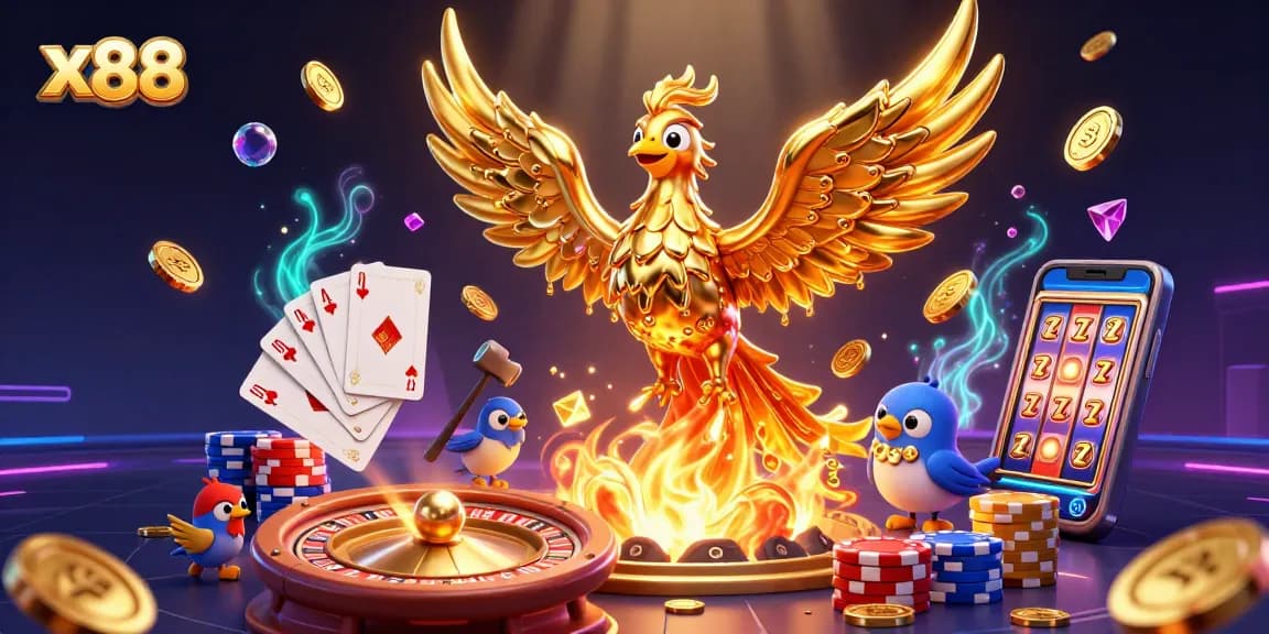 Win big at x88 with a golden phoenix rising over a vibrant casino landscape.