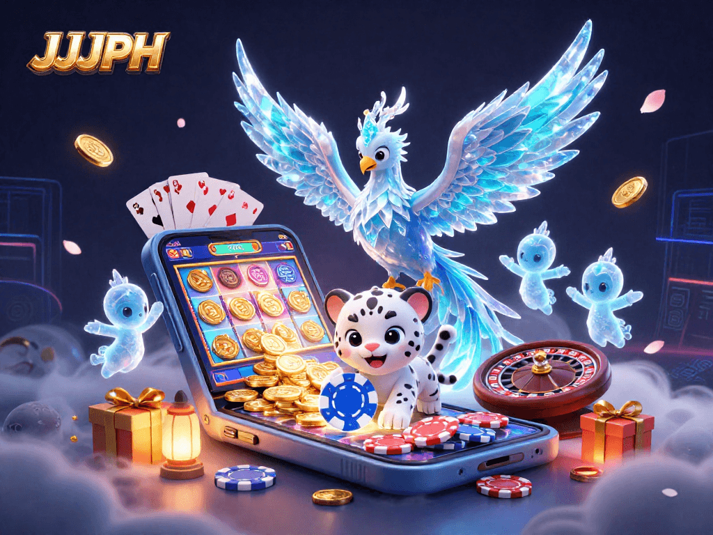 Experience the thrill of JJJPH in this vibrant 3D illustration of gambling elements.