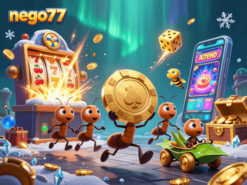 Watch the nego77 team of ants stealing a giant poker chip in this vibrant casino scene.