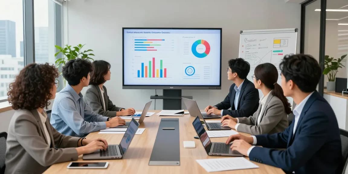 Business professionals evaluating business mobile contracts UK in a collaborative office environment with charts and laptops.