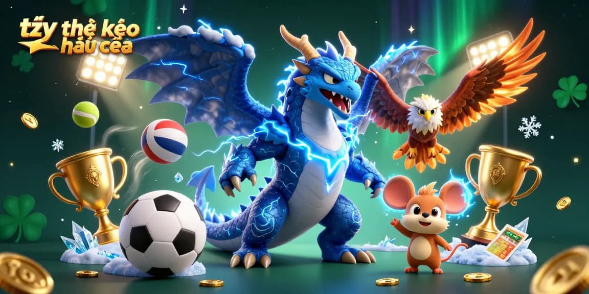 Engage in thrilling soccer betting with tỷ lệ kèo nhà cái showcasing sports balls, energetic characters, and a vibrant backdrop.