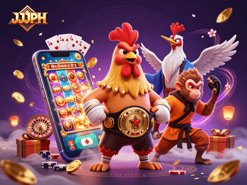 Play exciting games on JJJPH with a Muay Thai rooster and Shaolin monkey amid slot action.