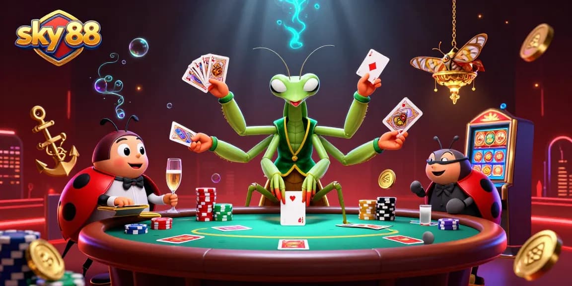Join the excitement at sky 88 with a dynamic poker scene featuring animated characters playing cards.