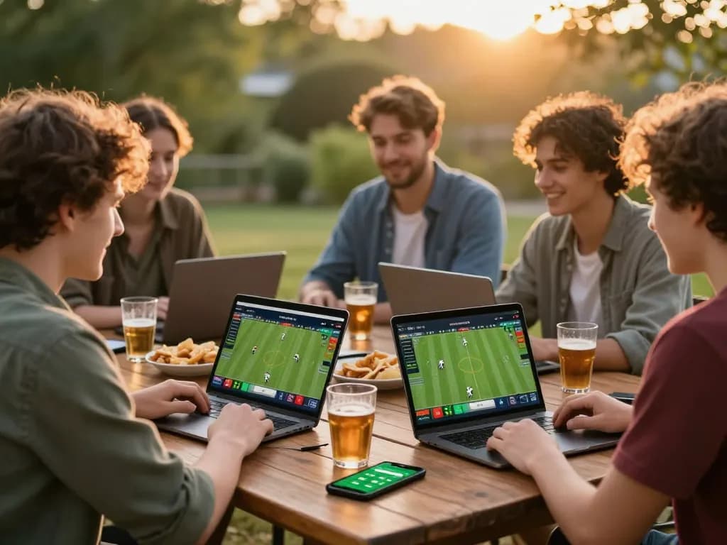 Friends enjoying sports betting with nhandinhkeonhacai apps on a warm evening, highlighting social gaming.