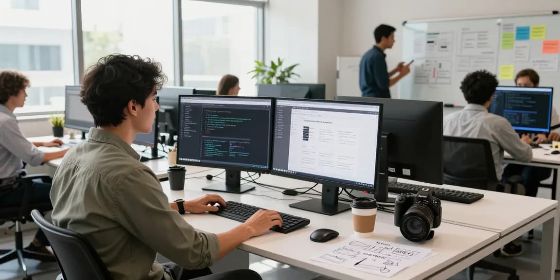 A web development agency Malaysia team collaborating in a modern office space, showcasing innovation and teamwork.