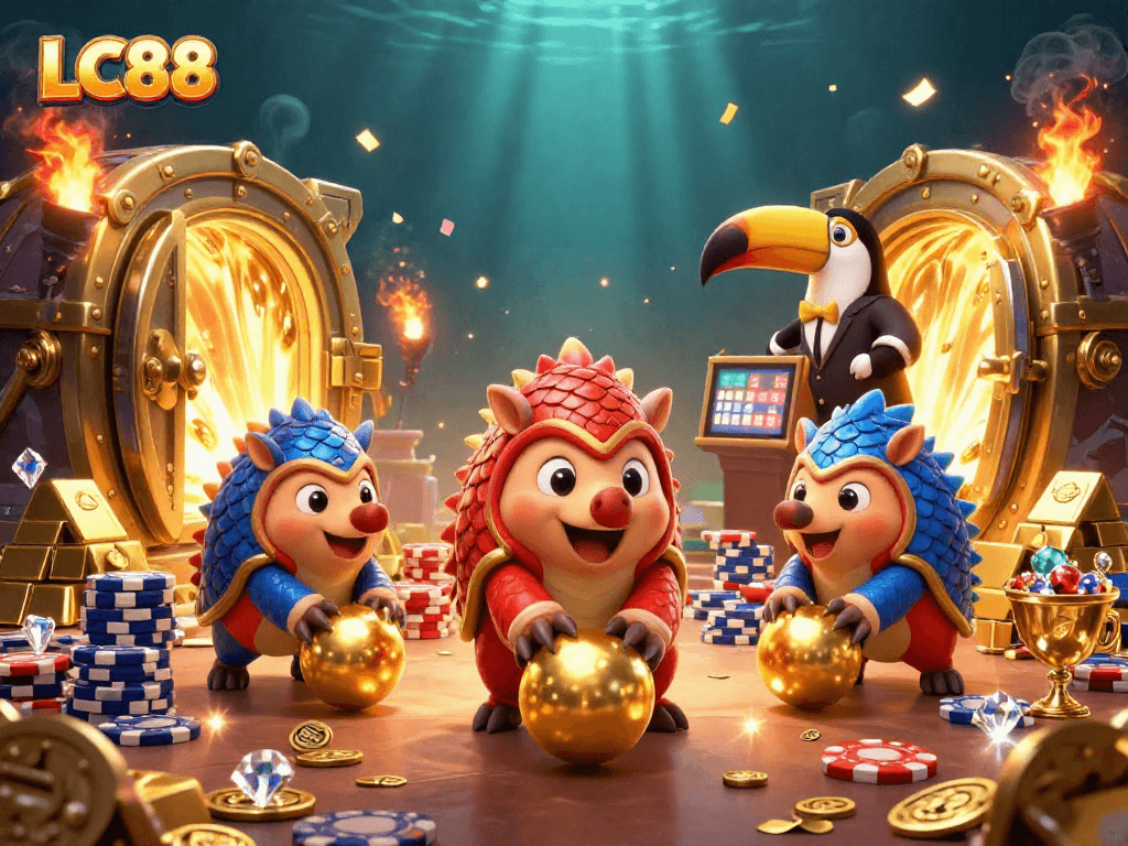 Experience LC88 excitement as animated pangolins roll through poker chips in stunning casino art.