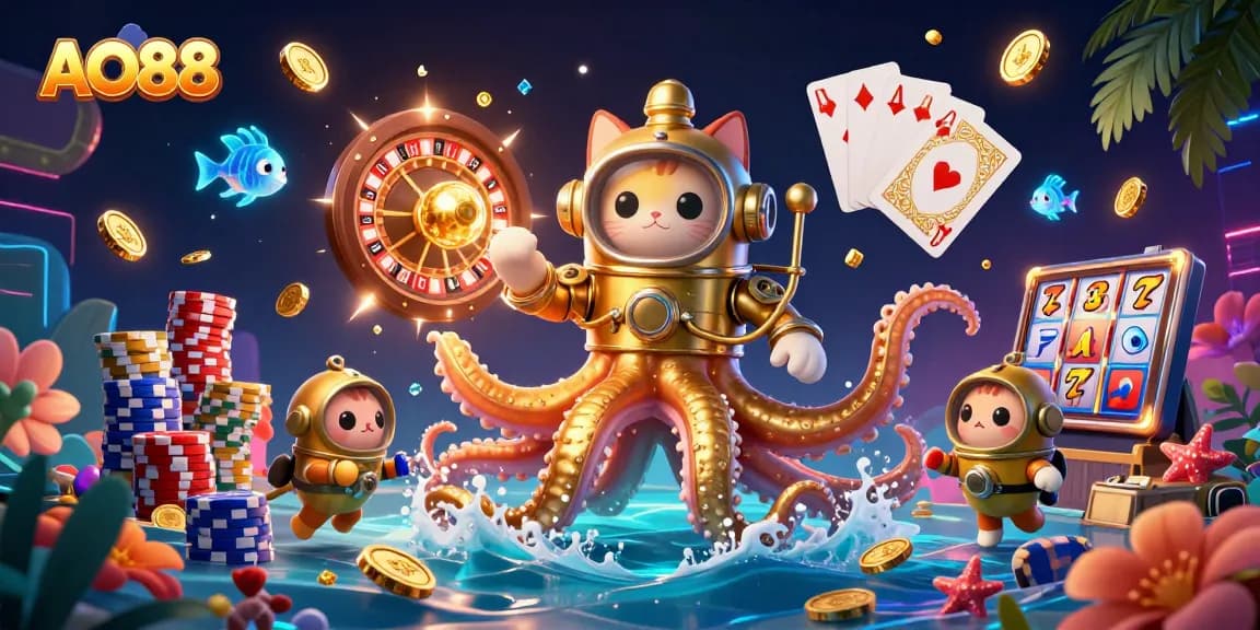 Experience thrilling action at AO88 with the kraken and diving cat amidst cascading golden coins.