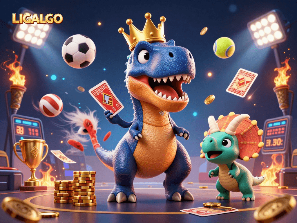 LIGALGO brings excitement as friendly creatures shuffle cards and stack chips in a vibrant casino scene.