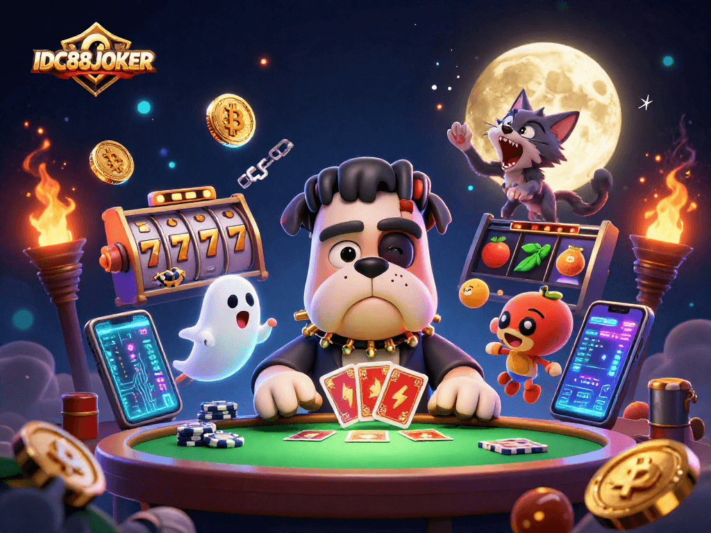 Engage with IDC88JOKER's thrilling gameplay as a 3D cartoon bulldog monster deals cards.