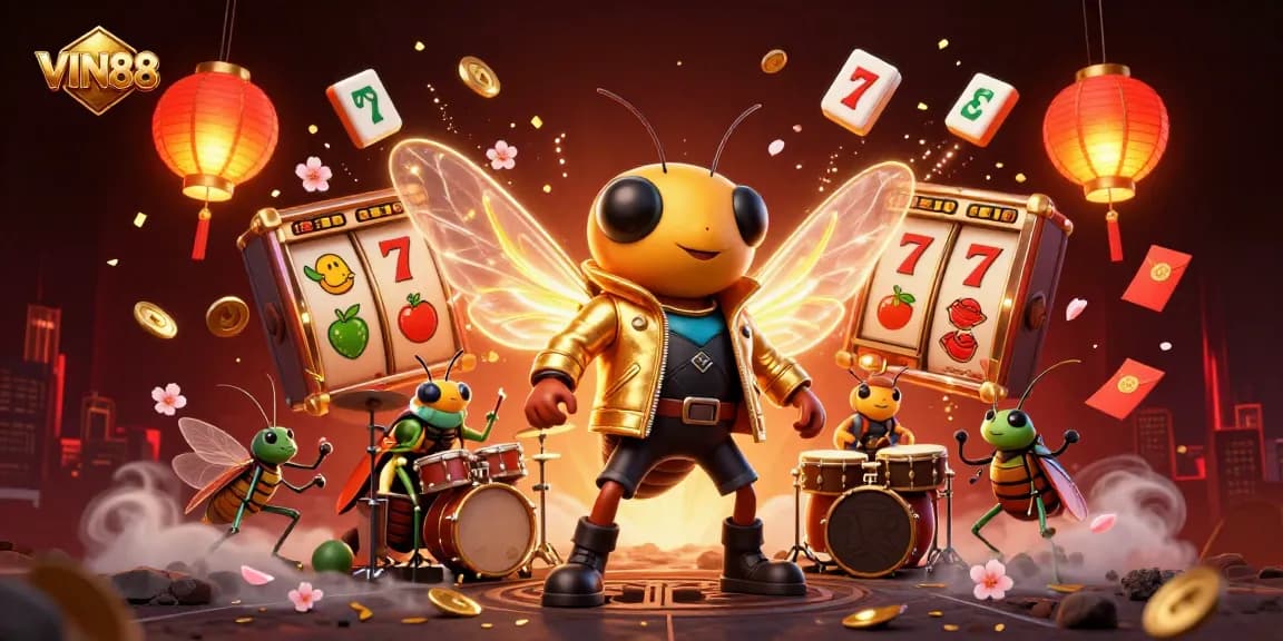 Experience exhilarating wins at VIN88 with an electrifying gaming scene featuring a rock star cicada.