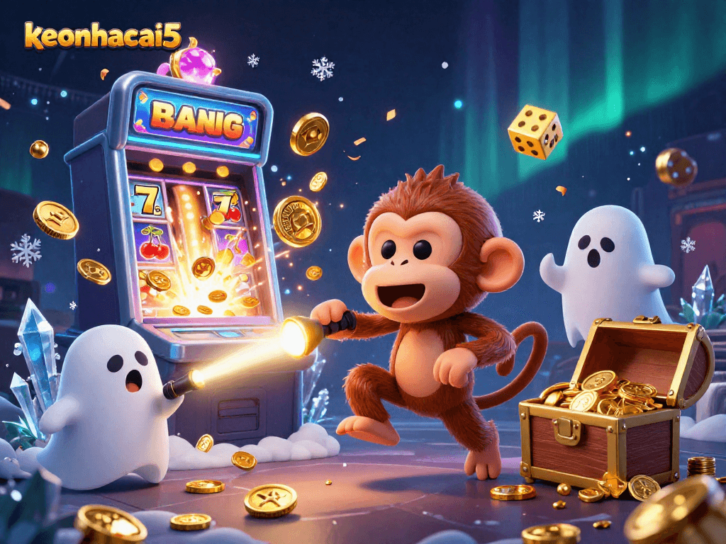 Experience the thrilling keonhacai5 slots with a lively haunted casino scene filled with vibrant game elements.