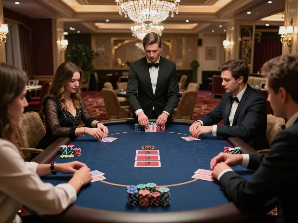 MPO ID poker players in sophisticated casino VIP area awaiting card deals