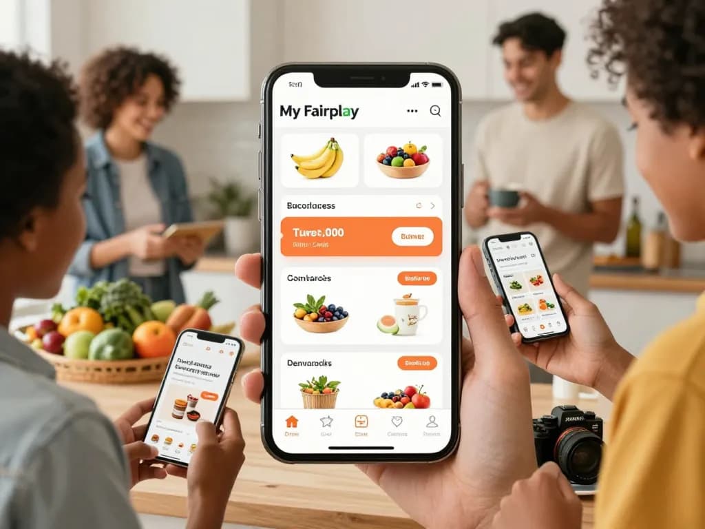 Users happily engaging with the My Fairplay app for grocery shopping in a warm kitchen setting.