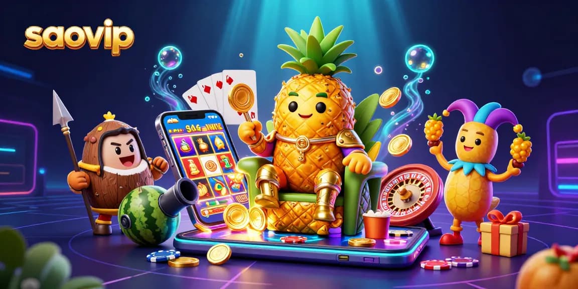 Engage in thrilling gaming at saovip with a golden pineapple king and vibrant casino elements.