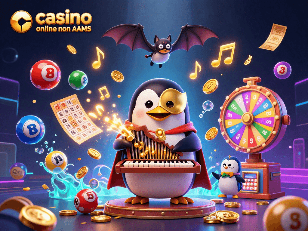 Gioca al casino online non AAMS con la tua fortuna in un'illustrazione vivace con un pinguino che suona un organo.