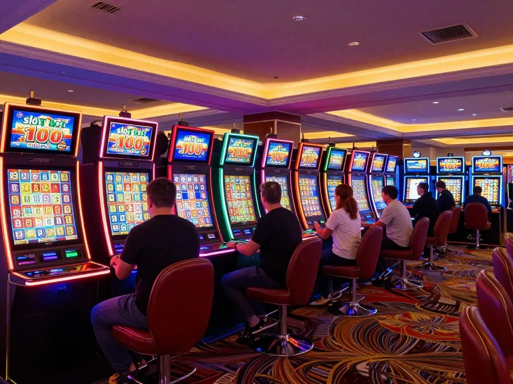 Excited players enjoying slot bet 100 on colorful machines in an upscale casino.
