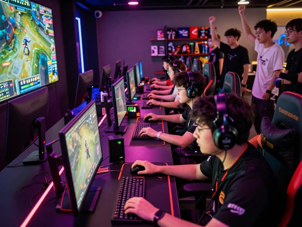 Engaged players at ligasedayu.com gaming event in a vibrant esports arena.