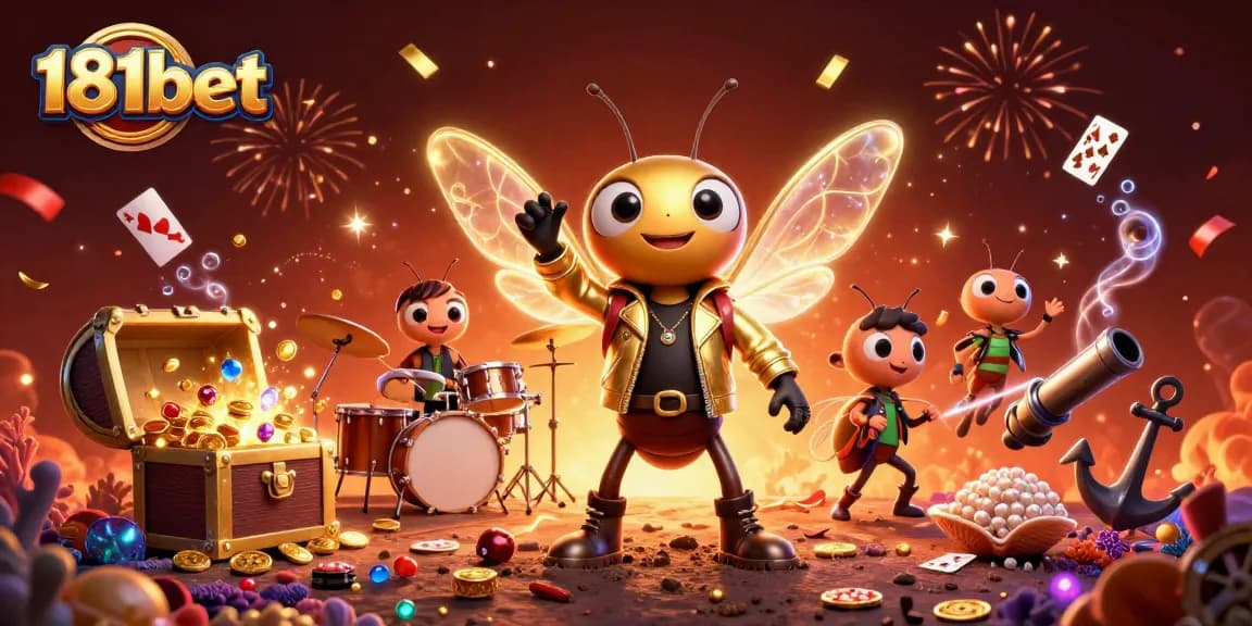 Play games and win big at 181bet, featuring a vibrant 3D illustration of a rockstar cicada and a treasure explosion.
