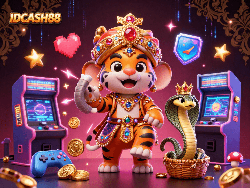 Experience spinning reels at IDCASH88 with a vibrant scene of a maharaja and gaming elements, highlighting casino excitement.