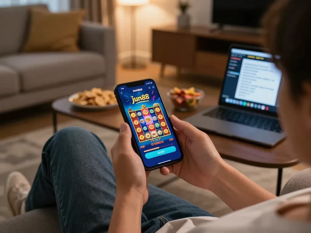 Engaged player using jun88 app on smartphone while relaxing in a cozy living room, showcasing online gaming environment.