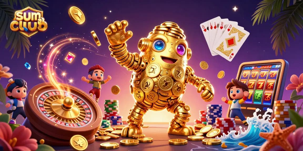 Experience the thrilling world of sumclub with a vibrant 3D illustration of a golden golem and dynamic casino elements.