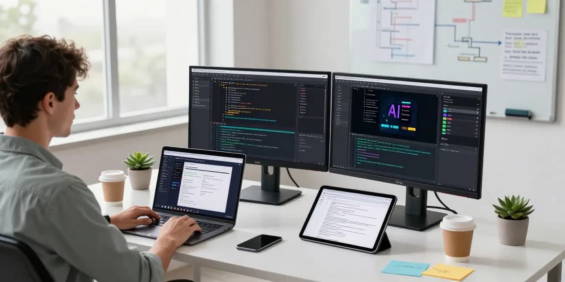 Build internal tools with AI in a modern workspace featuring a developer coding, dual monitors, and creative notes.