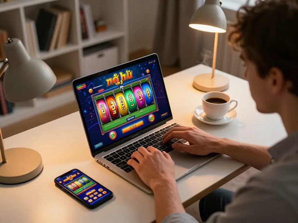 Engaging nổ hũ gameplay displayed on a laptop during home gaming session.
