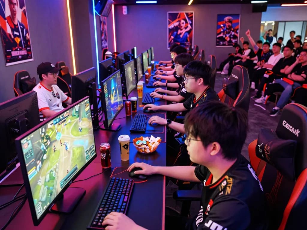 Gamers in ligasedayu jerseys competing in an energetic online gaming tournament atmosphere.