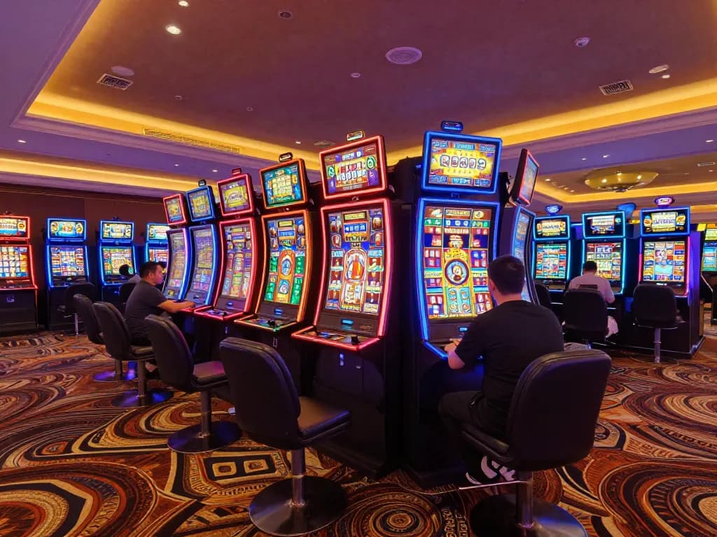Agen Slot players enjoying exciting winning moments at vibrant casino slot machines.