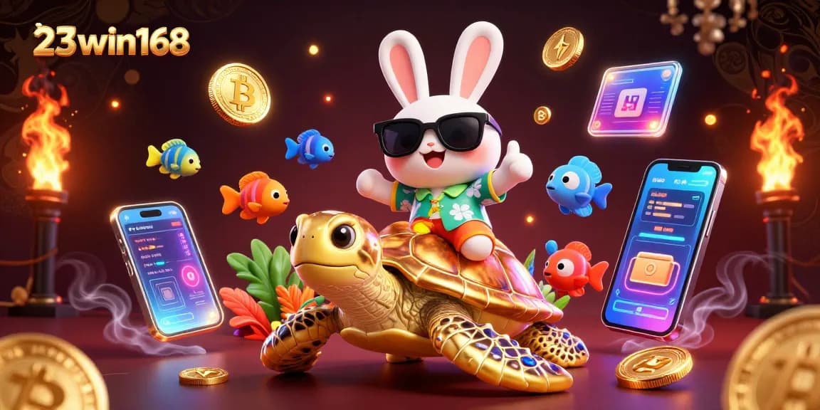 Win big with 23win168 in an adventure featuring a lucky rabbit and golden turtle in a vibrant casino scene.