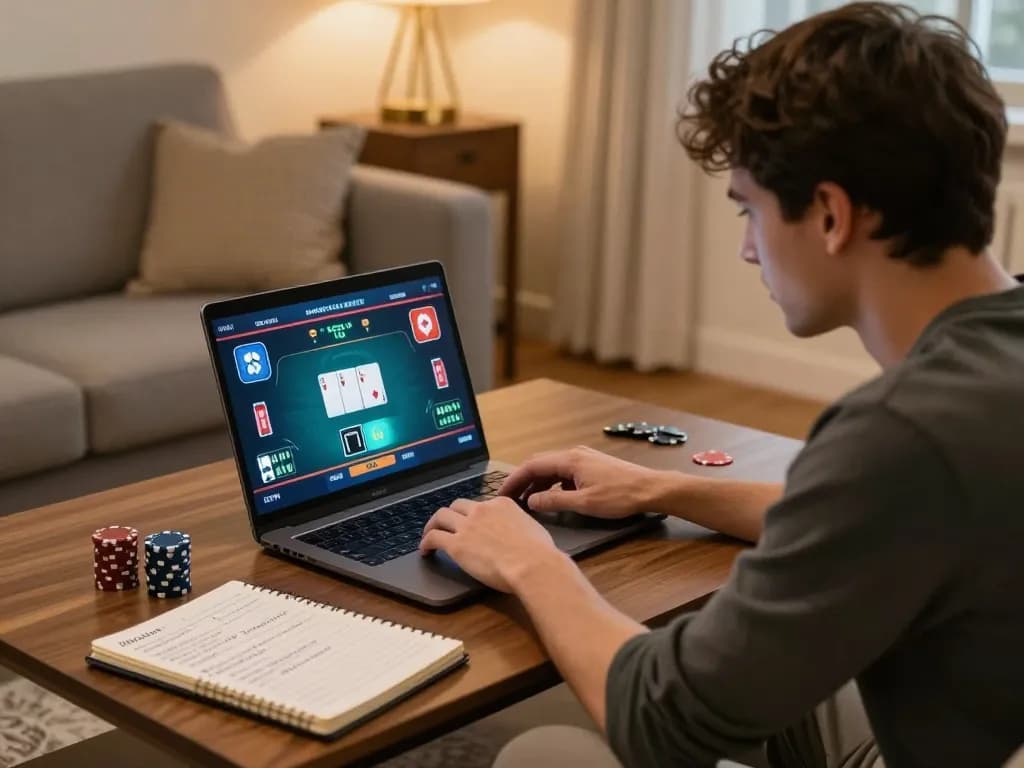 A player enjoys online poker on a laptop at home, engaging in strategic gameplay with llwin.