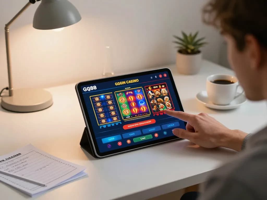 Engaging with the gg88 casino app on tablet in a cozy home office environment, showcasing dynamic online gambling.