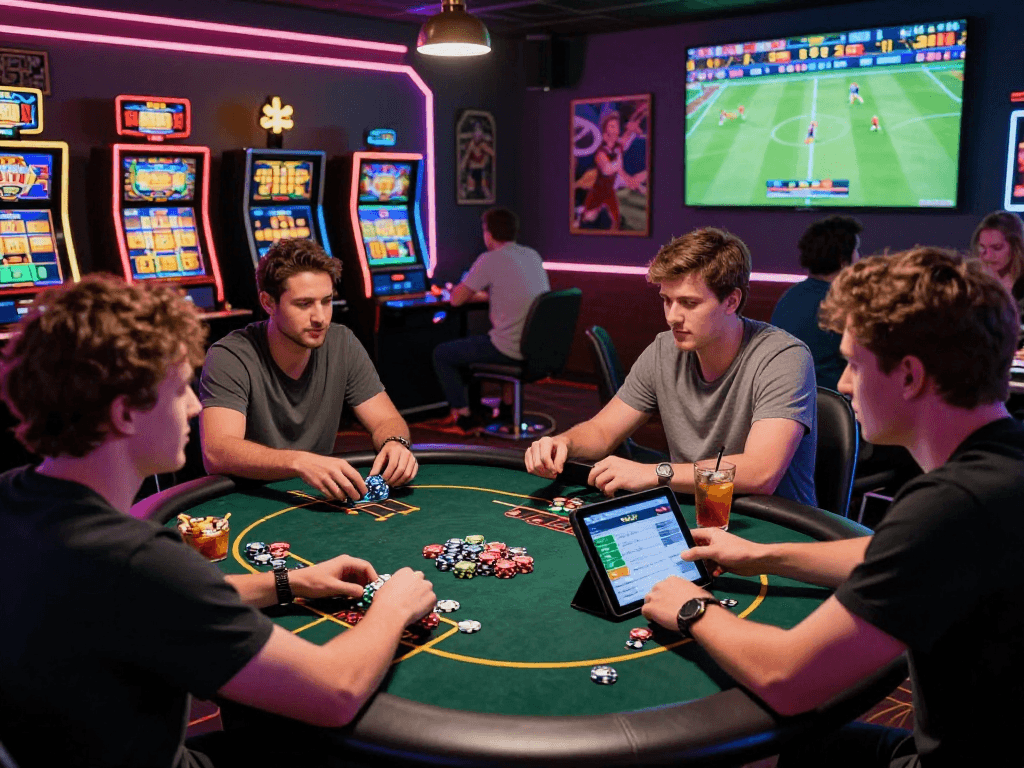 Friends excitedly engaging with the oxbet app in a lively gaming lounge.