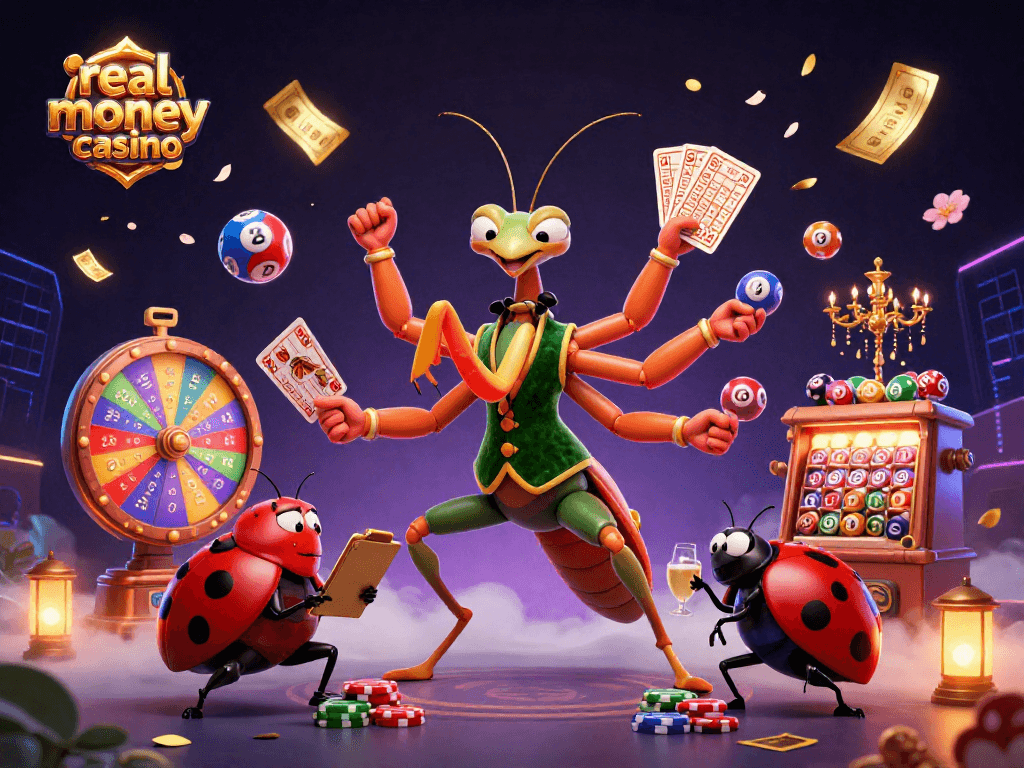 Engage with the thrill of a real money casino showcasing a giant praying mantis card sharp in action with vibrant gaming elements.
