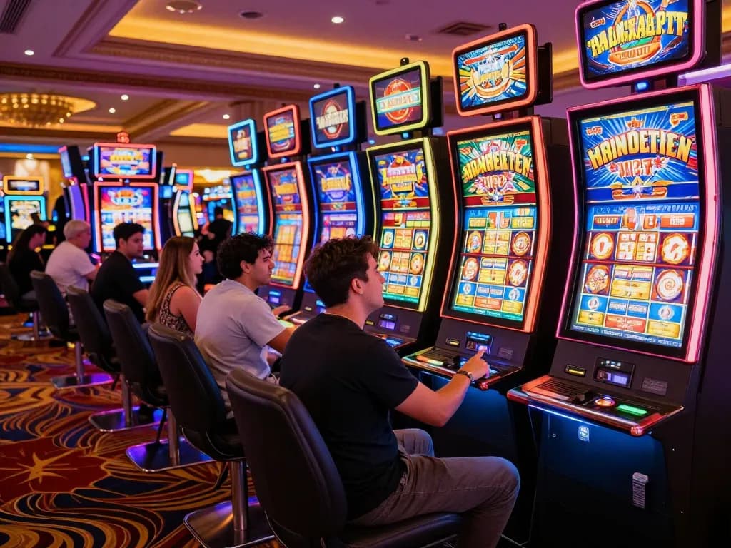 Players enjoying vibrant slot machines at vegasslot77 casino, highlighting excitement and wins.