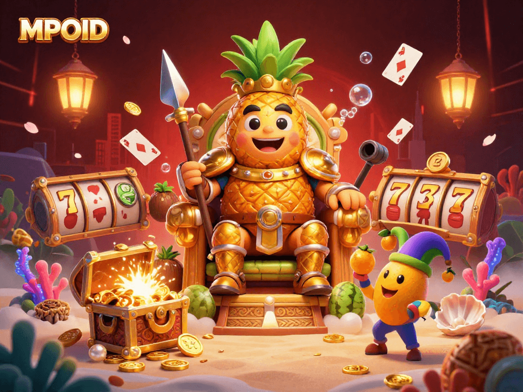 MPOID slot experience with golden pineapple king, colorful gems, and lively casino elements.