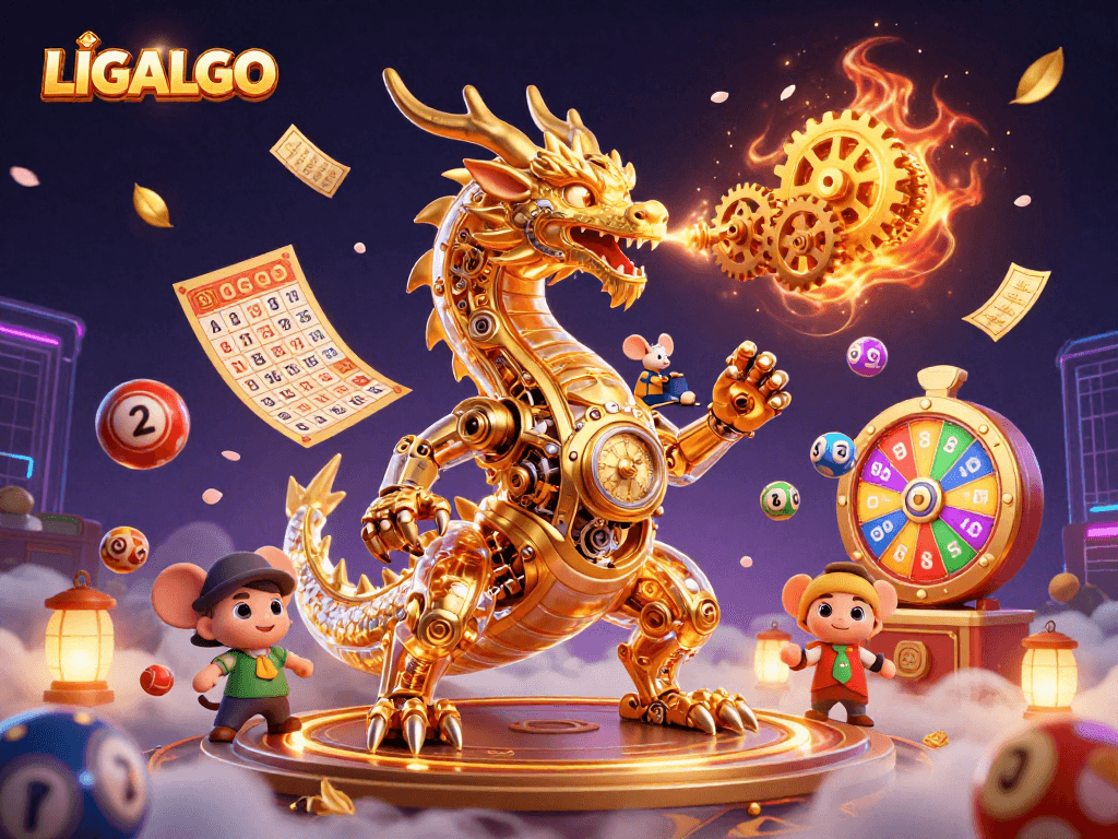 Engage with LIGALGO's thrilling gaming scene featuring dynamic lottery elements and a golden dragon.