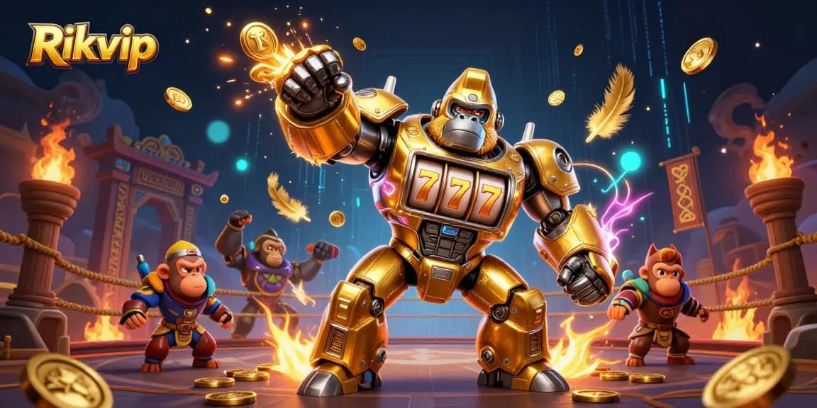 Experience excitement with Rikvip's golden gorilla mech in a dynamic casino setting.