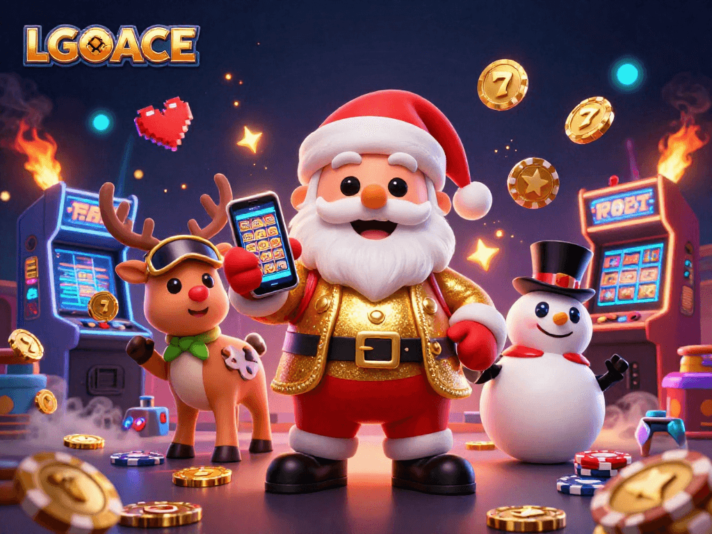 LGOACE Santa Claus showcases jackpot slots with festive reindeer and snowman companions in a vibrant casino scene.