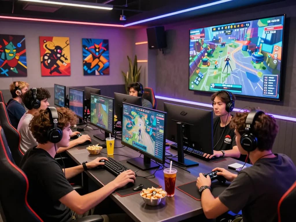 Online gaming competition at mantra88.com with friends enjoying a vibrant gaming lounge.