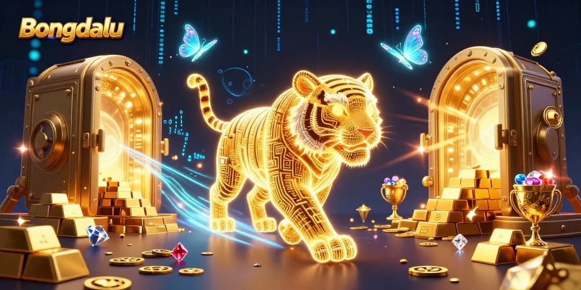 Bongdalu updates sports betting dynamics, showcasing a golden tiger and holographic elements in a vibrant casino.