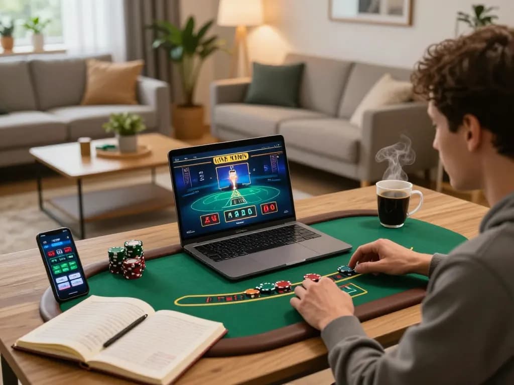 Người đam mê chơi game LUCK8 đang thưởng thức một trò chơi blackjack với dealer trực tiếp trên laptop tại nhà.
