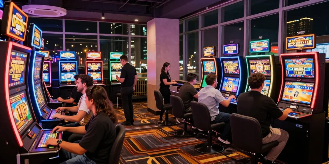B52 gaming scene with players at vibrant casino tables and bright slot machines, capturing excitement.