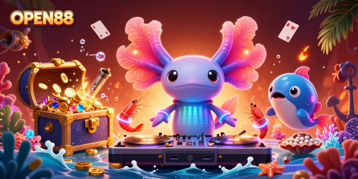 Join the lively underwater gaming scene at OPEN88 with neon characters spinning records and treasure!