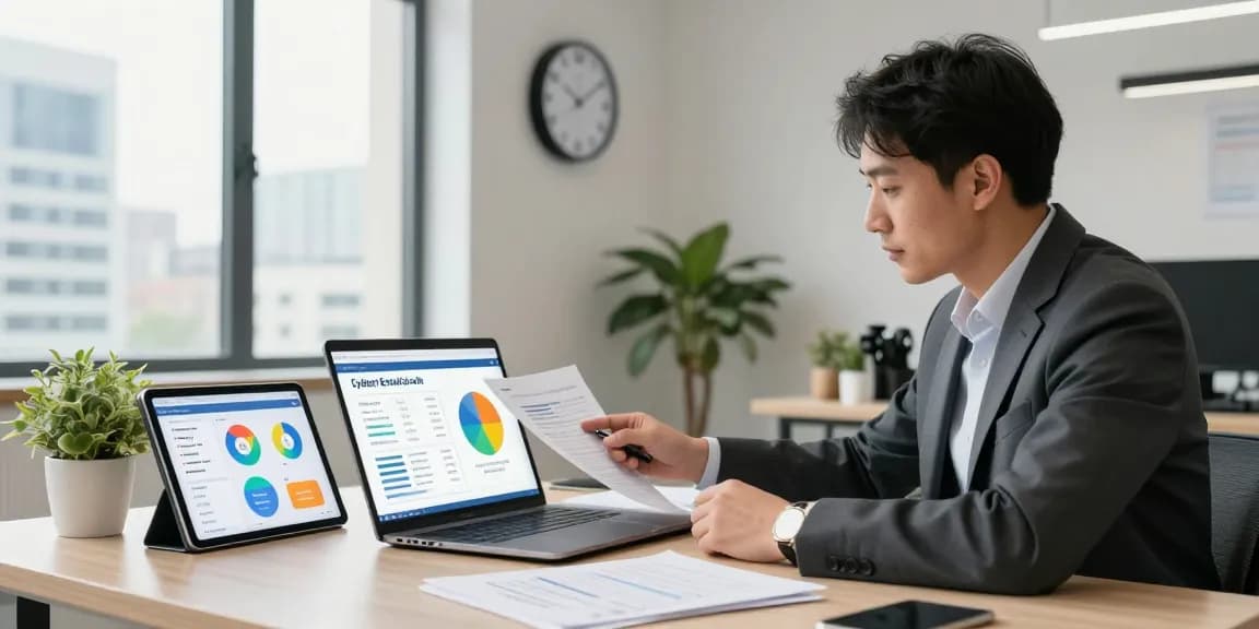 Business professional reviewing cyber essentials cost and compliance details in modern office.